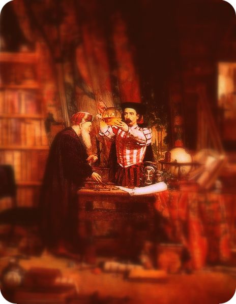 A re-working of William Fettes Douglas 1853 The Alchemist, which sets an antiquarian in his lair of books, gadgets, and curiosities. 