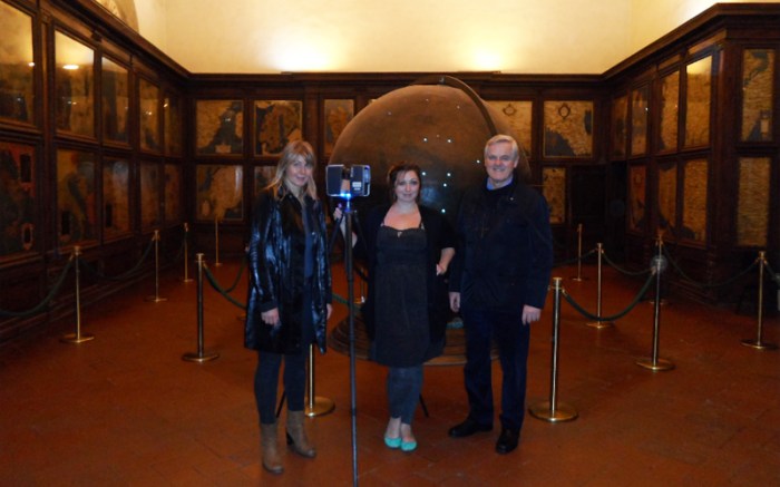 Ashley M. Richter with art historian Katharina Giraldi-Haller and art diagnostician Maurizio Seracini after laser scanning the Palazzo Vecchio Mappa Mundi in Florence, Italy. 